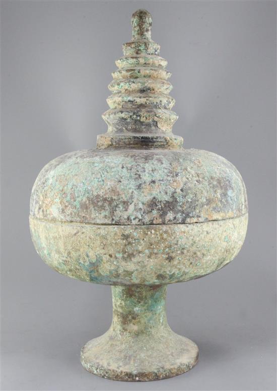 A Chinese bronze reliquary vessel, Tang dynasty, 618-907AD, height 62cm